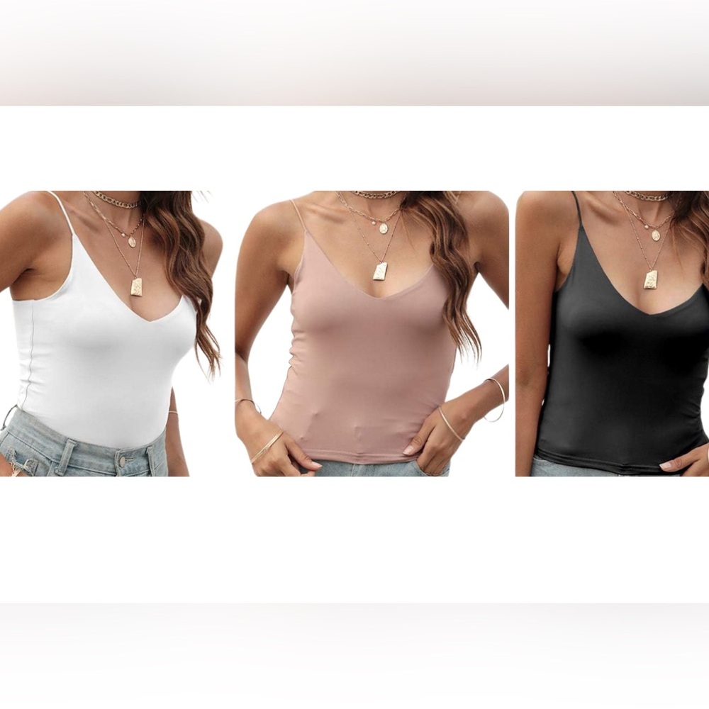 3 Pack Basic V-Neck Double Layer Crop Tank Tops | Black/White/Tan | Size Small